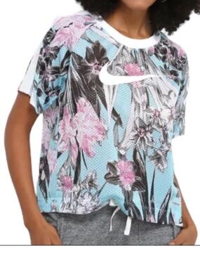 Nike Floral Mesh Graphic Tee Size Medium Blue Pink Short Sleeve Top